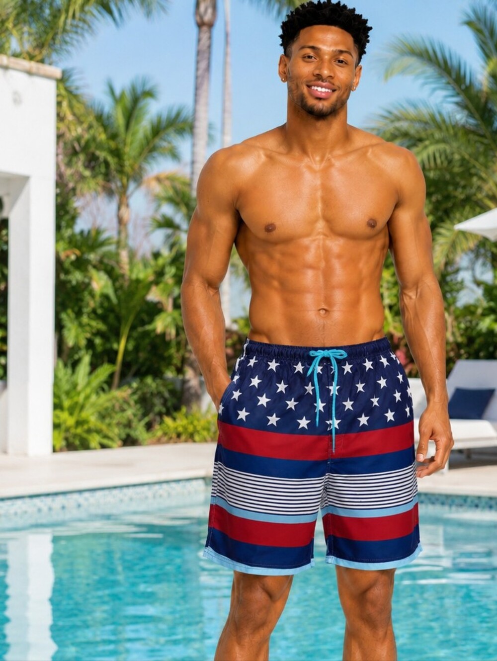 Men's Flag Stripe Swim Trunks — Navy, Red & White SIZE LARGE NWT
